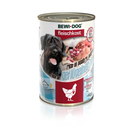 Bewi Dog Rich ar mājputnu sirdīm konservi pieaugušiem suņiem ar vistas sirdi, 400g